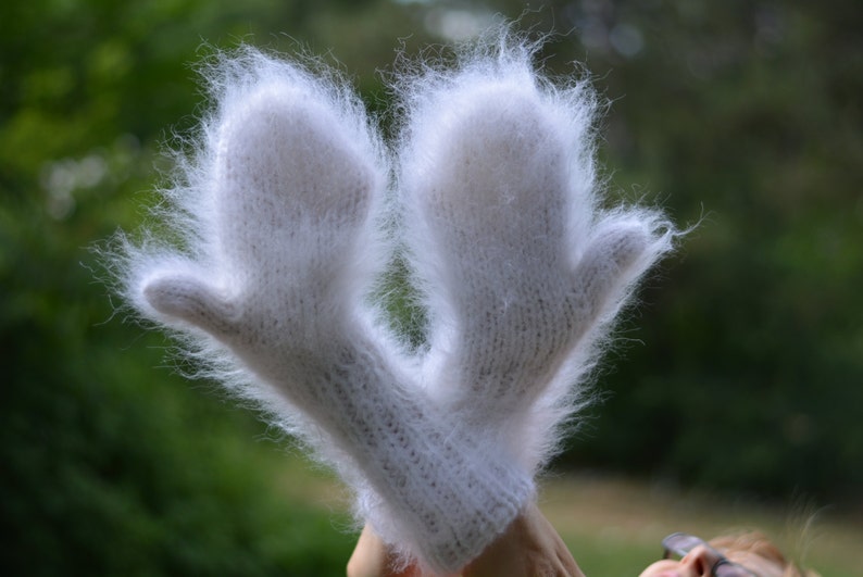 READY handmade mittens fuzzy mohair mittens hand knitted mohair muffs soft mohair mittens cute handknit mohair gloves long fuzzy White thick image 1