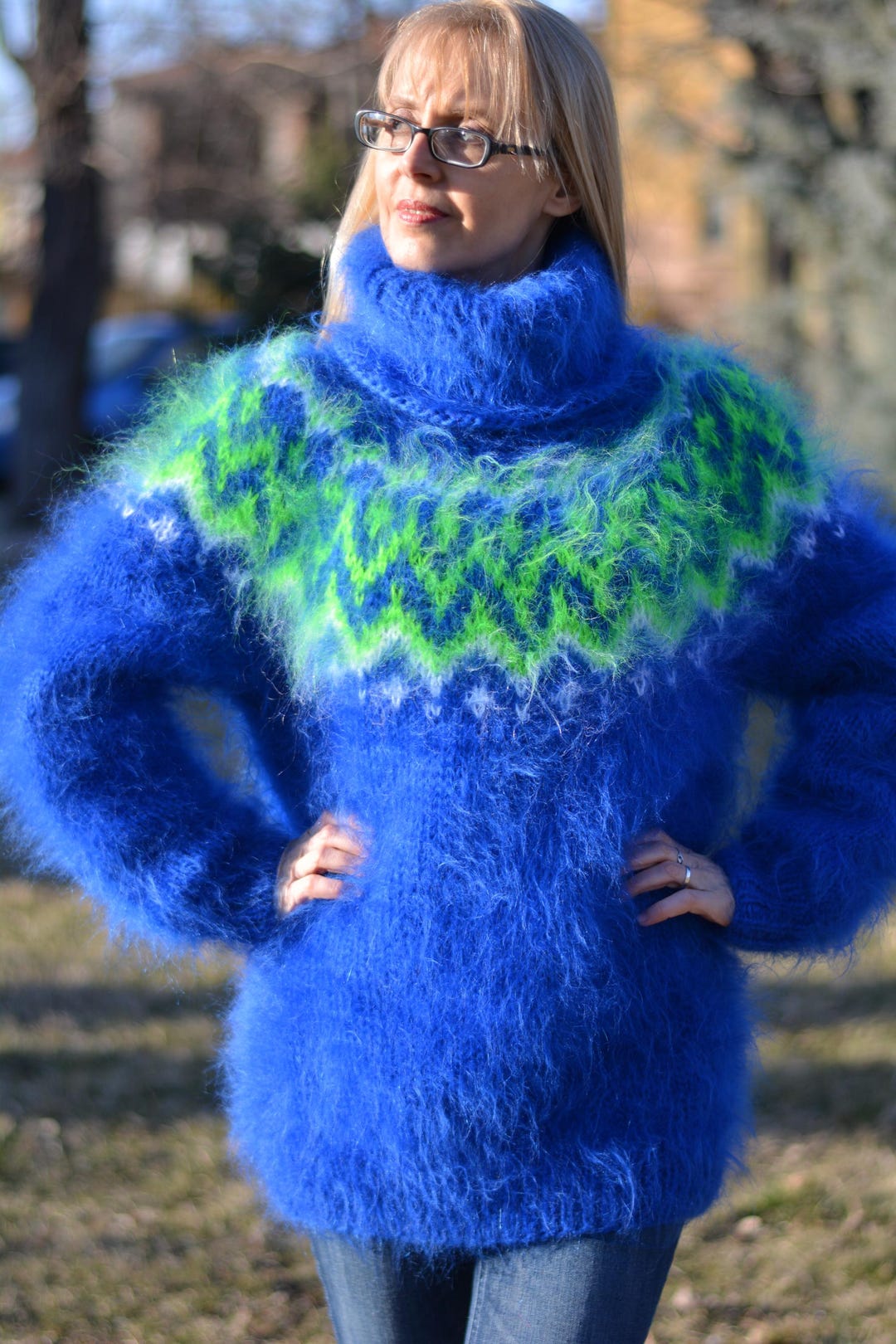 Hand Knitted Fuzzy Mohair Sweater: Royal Blue Icelandic Yoke, T
