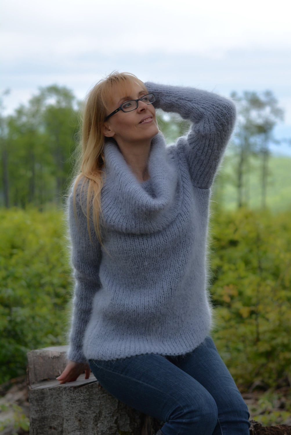 Knitted mohair sweater handmade cowl neck pullover ribbed Etsy