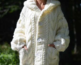 Chunky wool cardigan hand knitted wool jacket hooded cardigan knitted cardigan Huge cable cardigan chunky cardigan hoody plus size coat