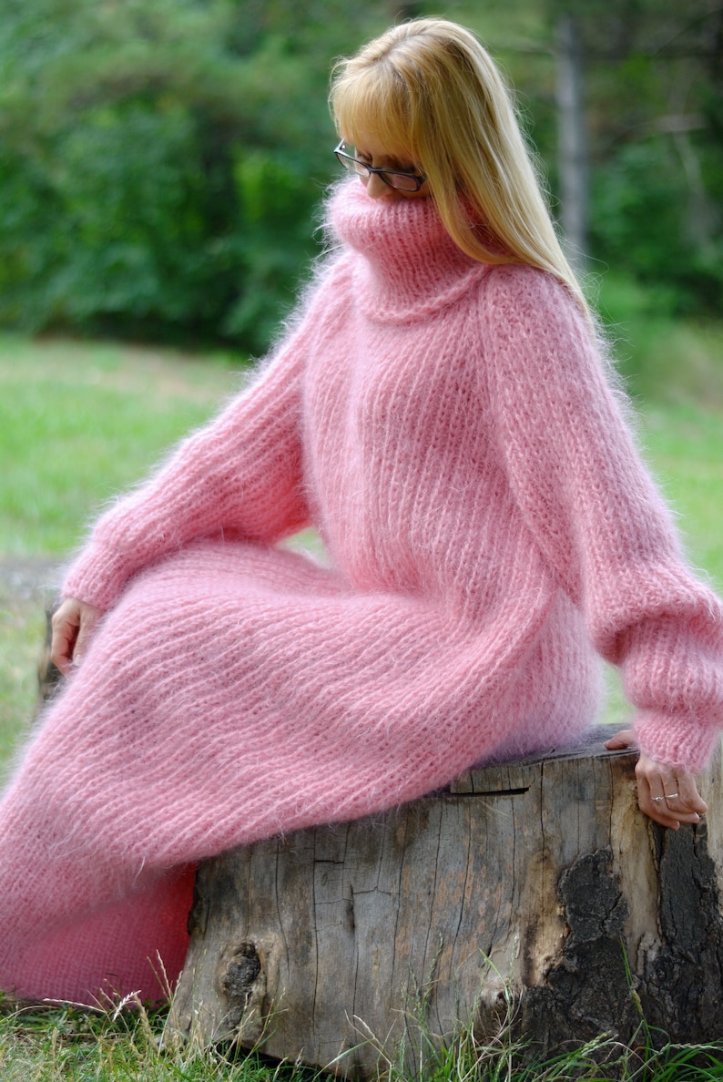 hand knit mohair dress handmade mohair robe knitted dress fuzzy mohair dress one size Tneck dress pink mohair long dress Plus size Sunday image 1