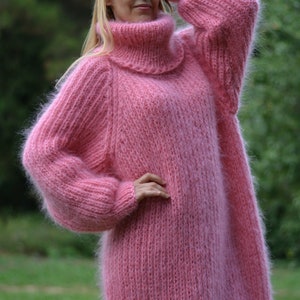 hand knit mohair dress handmade mohair robe knitted dress fuzzy mohair dress one size Tneck dress pink mohair long dress Plus size Sunday image 5