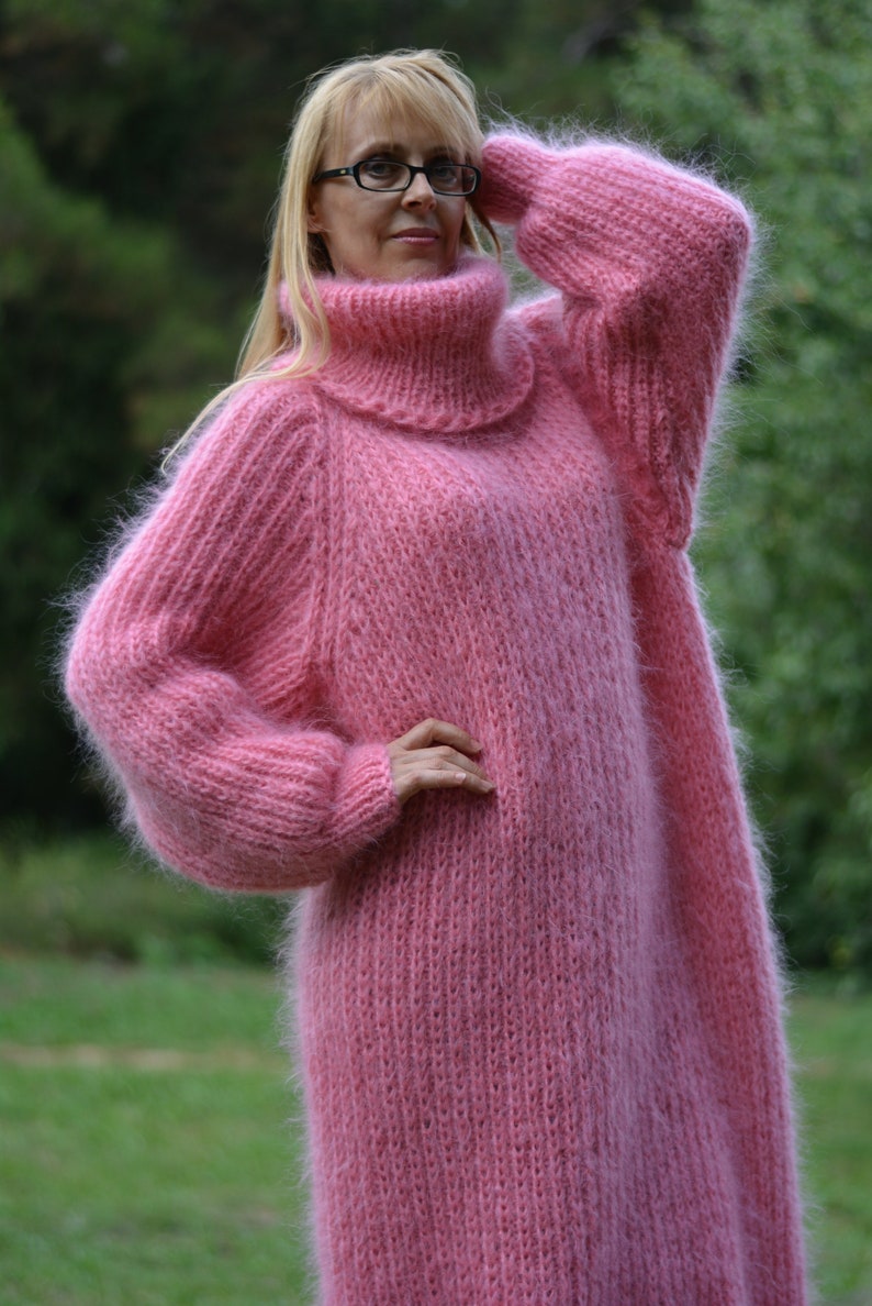 hand knit mohair dress handmade mohair robe knitted dress fuzzy mohair dress one size Tneck dress pink mohair long dress Plus size Sunday image 5