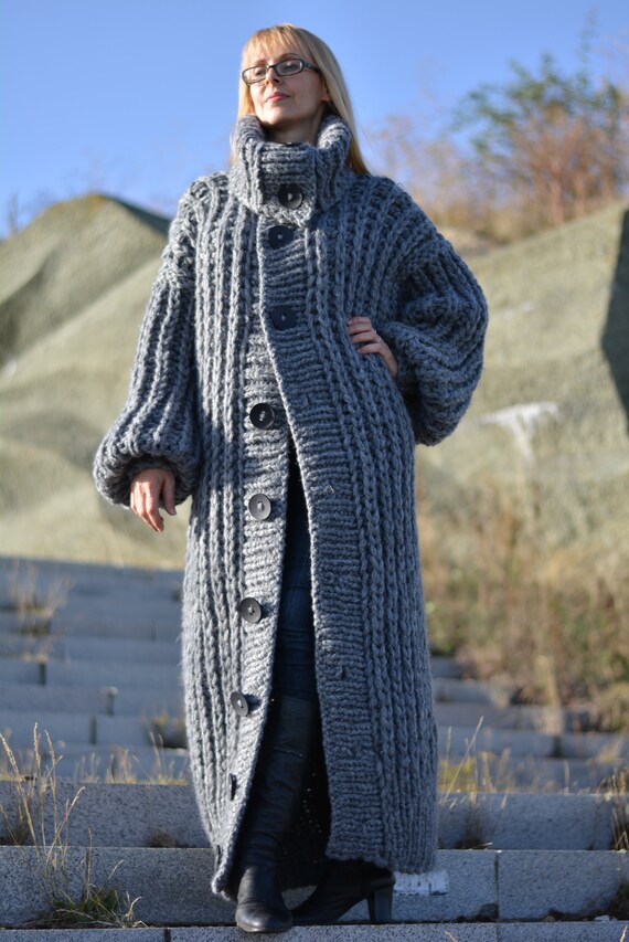 Wollen Cardigan hand gebreide trui vacht lang Chunky vest | Etsy Lang wollen vest blauwe gebreide wollen jas lange wollen | Etsy