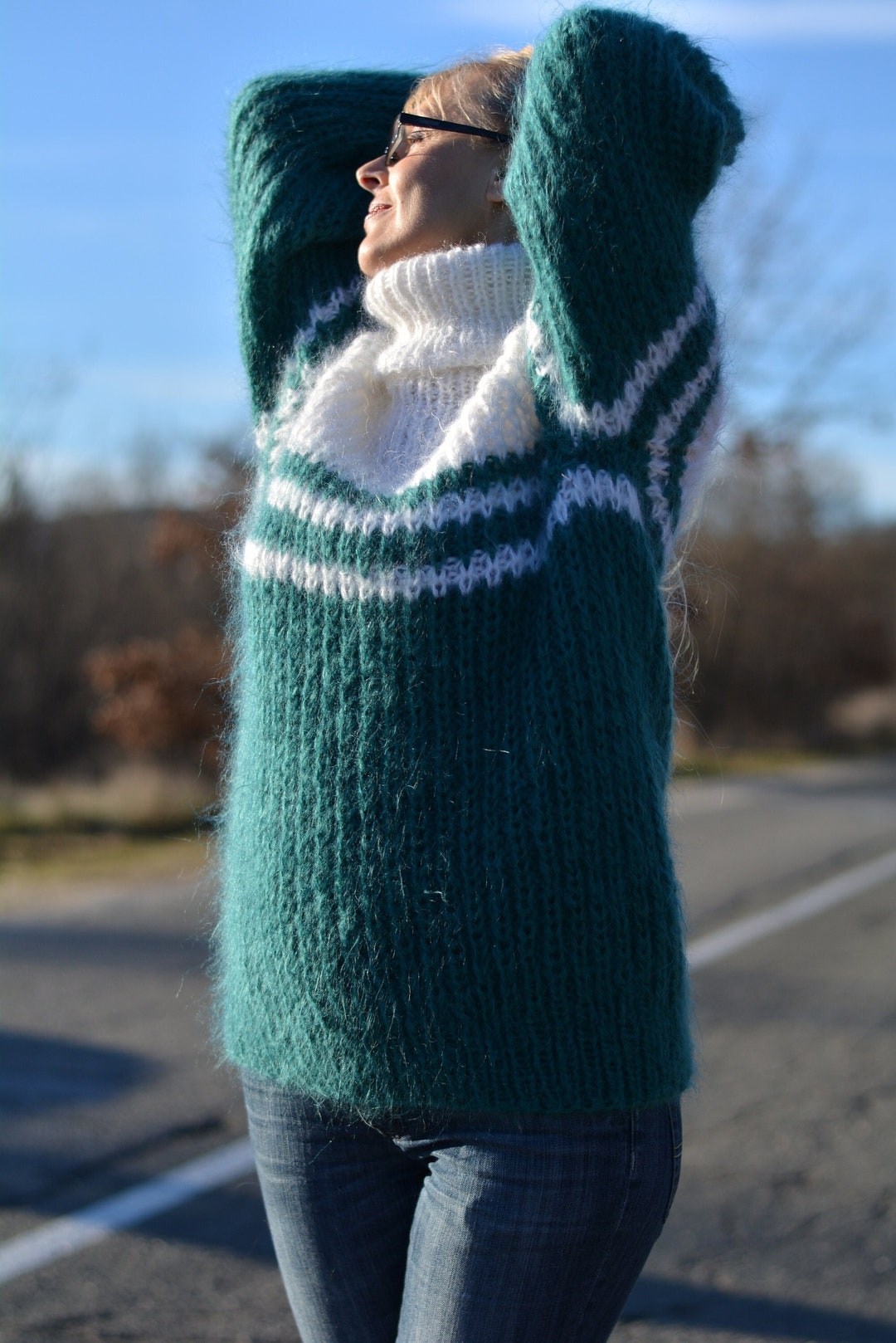 Hand Knit Mohair Sweater in Green and White by Dukyana One Size
