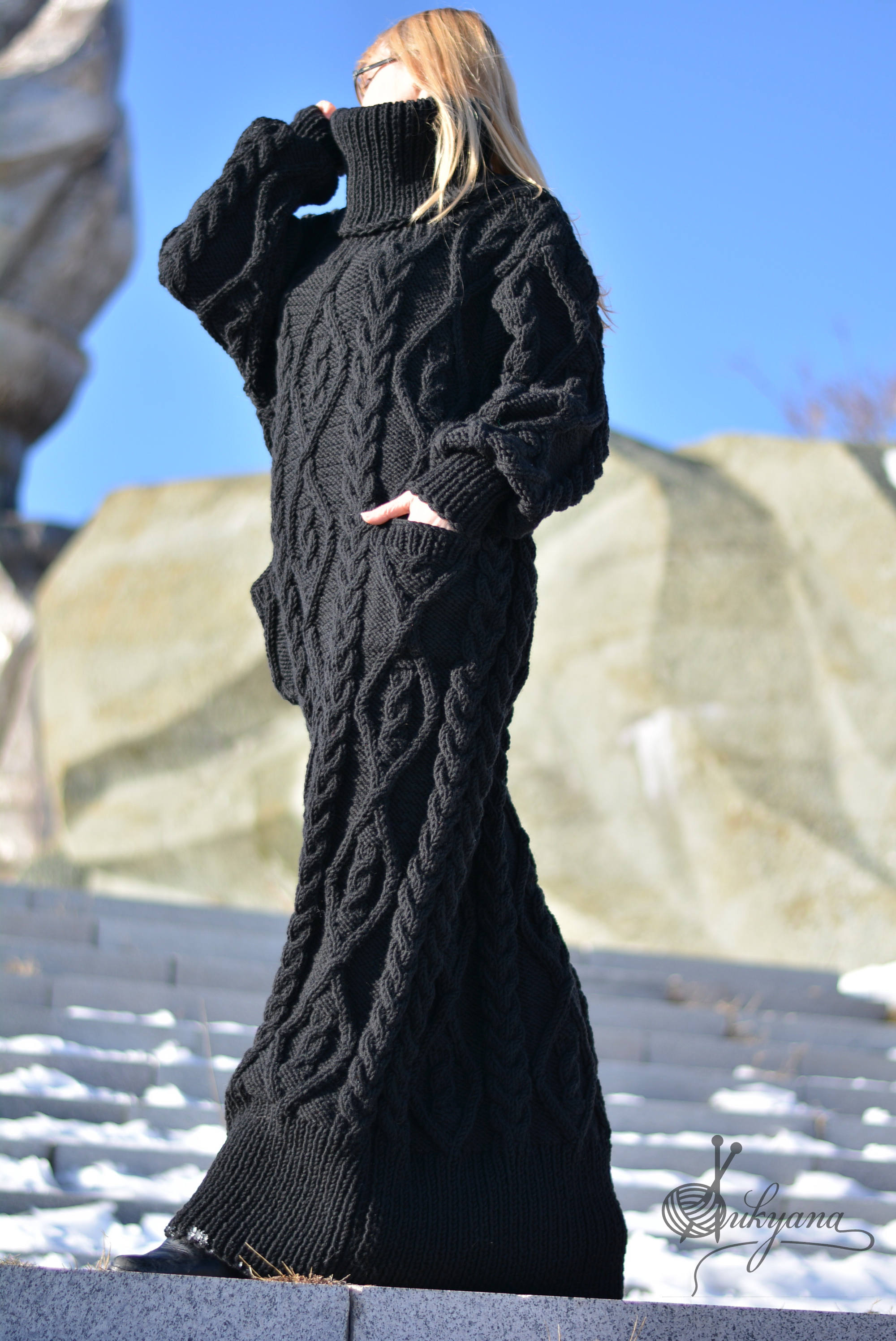 Hand-knit Wool Blend Cable Dress - Long T-neck Sweater - Etsy