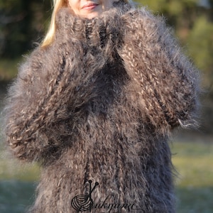 hand knitted chunky mohair mens sweater with a Tneck in brown mix by Dukyana