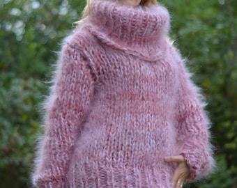 handknit mohair sweater handmade jumper mohair cowlneck sweater chunky cowl mohair pullover pink mohair fuzzy pullover Dukyana sweater