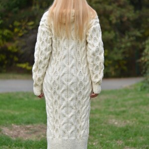 White aurumn cardigan Long wool cardigan Handknit soft merino coat Handmade cabled cardigan Hooded long cardigan Cream white Ready-to-send image 4