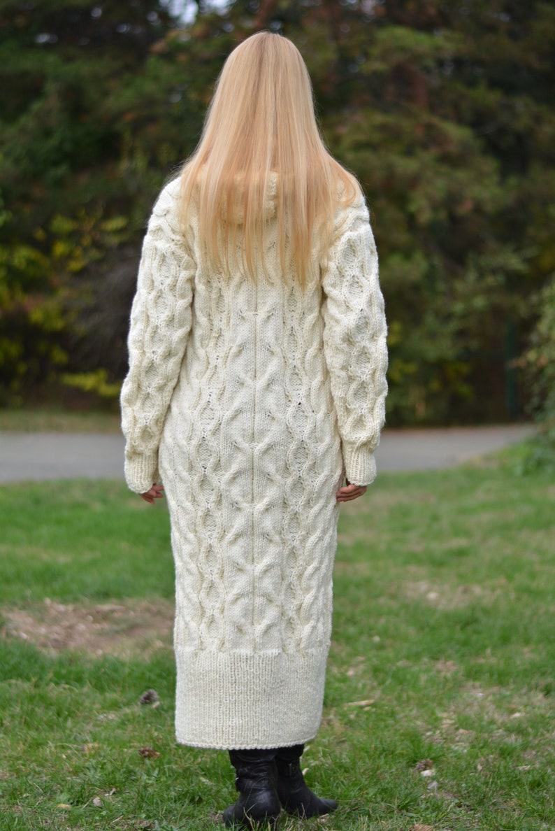 White aurumn cardigan Long wool cardigan Handknit soft merino coat Handmade cabled cardigan Hooded long cardigan Cream white Ready-to-send image 4