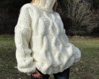 wool sweater hand knitted wool jumper handmade wool pullover chunky sweater thick pullover tneck jumper cable sweater UNISEX Dukyana