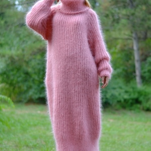 hand knit mohair dress handmade mohair robe knitted dress fuzzy mohair dress one size Tneck dress pink mohair long dress Plus size Sunday image 3