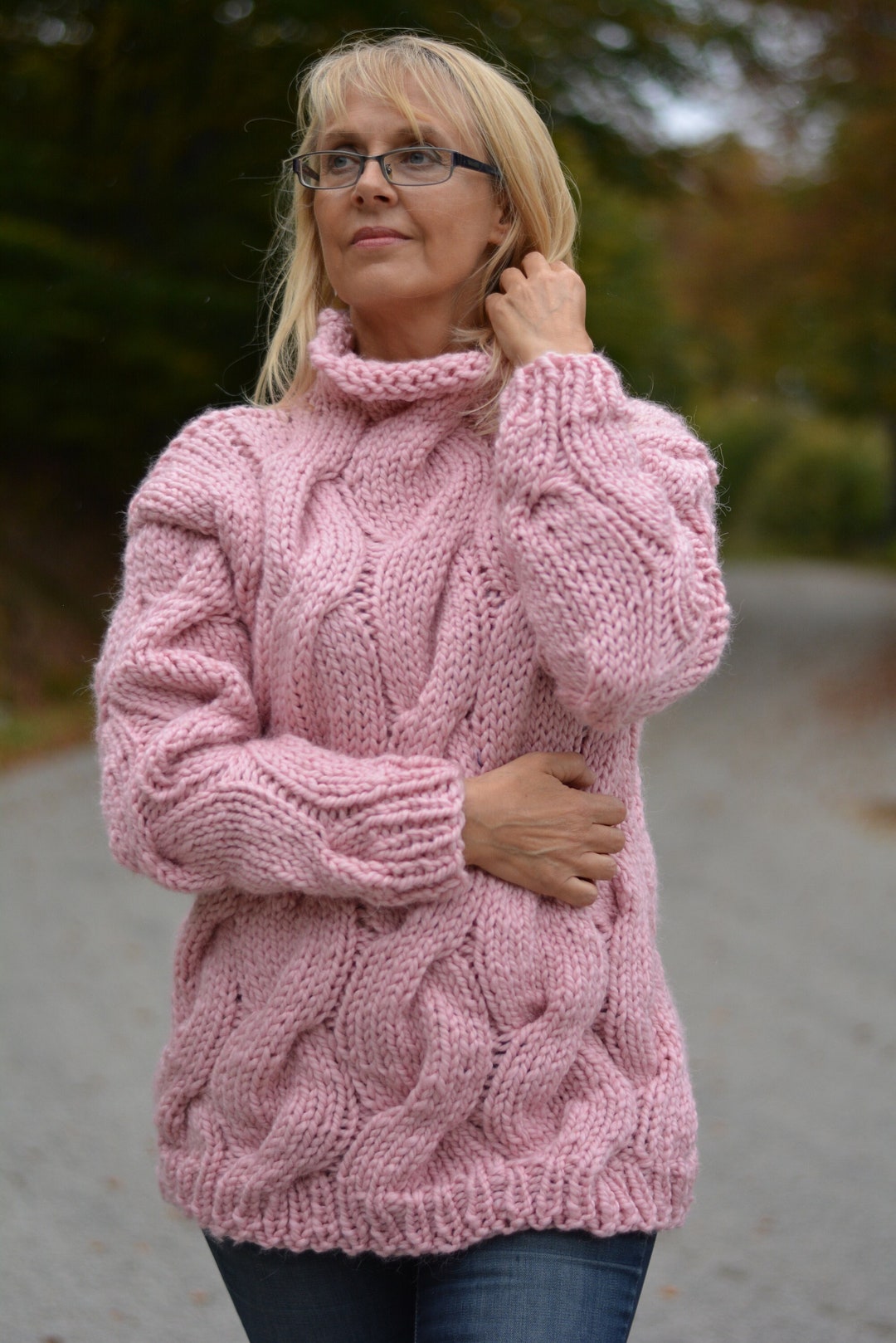 Handknit Chunky Mock Turtleneck Sweater With Cables in Pink From