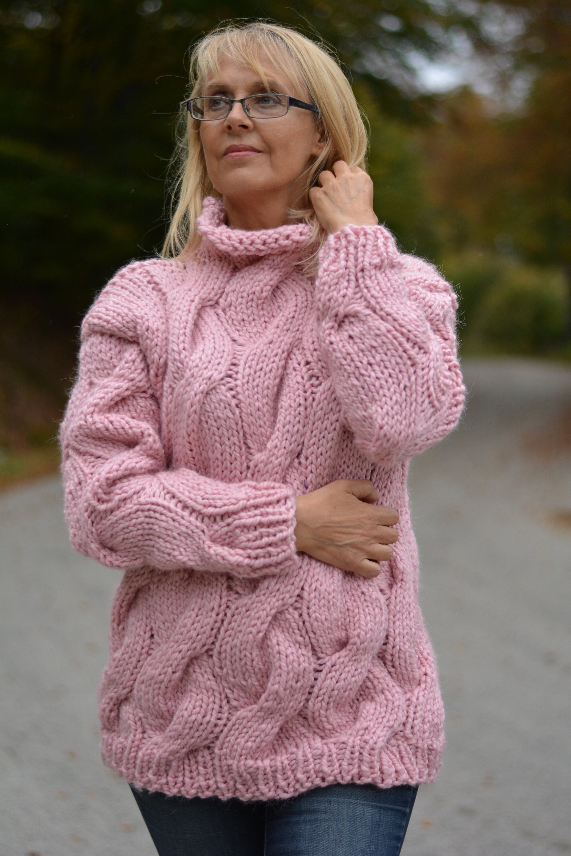 Handknit Chunky Mock Turtleneck Sweater With Cables in Pink From