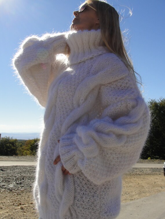 Hand knitted OVERSIZED mohair sweater with a big turtleneck and a cable design