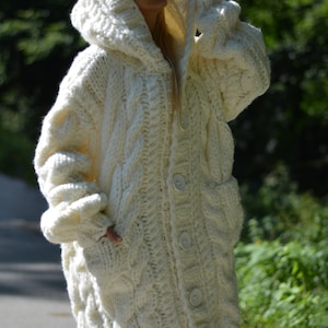 Chunky Wool Cardigan Hand Knitted Wool Jacket Hooded Cardigan - Etsy