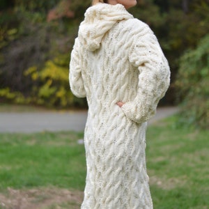 White aurumn cardigan Long wool cardigan Handknit soft merino coat Handmade cabled cardigan Hooded long cardigan Cream white Ready-to-send image 6