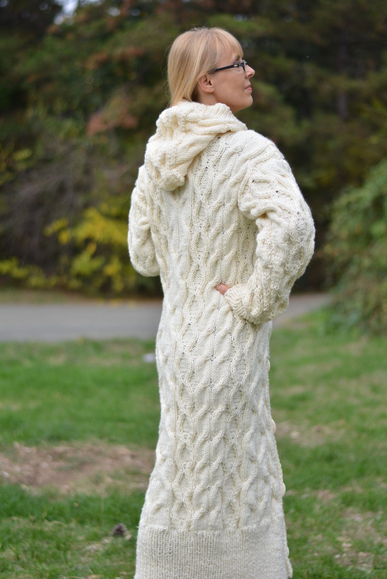 White aurumn cardigan Long wool cardigan Handknit soft merino coat Handmade cabled cardigan Hooded long cardigan Cream white Ready-to-send image 6