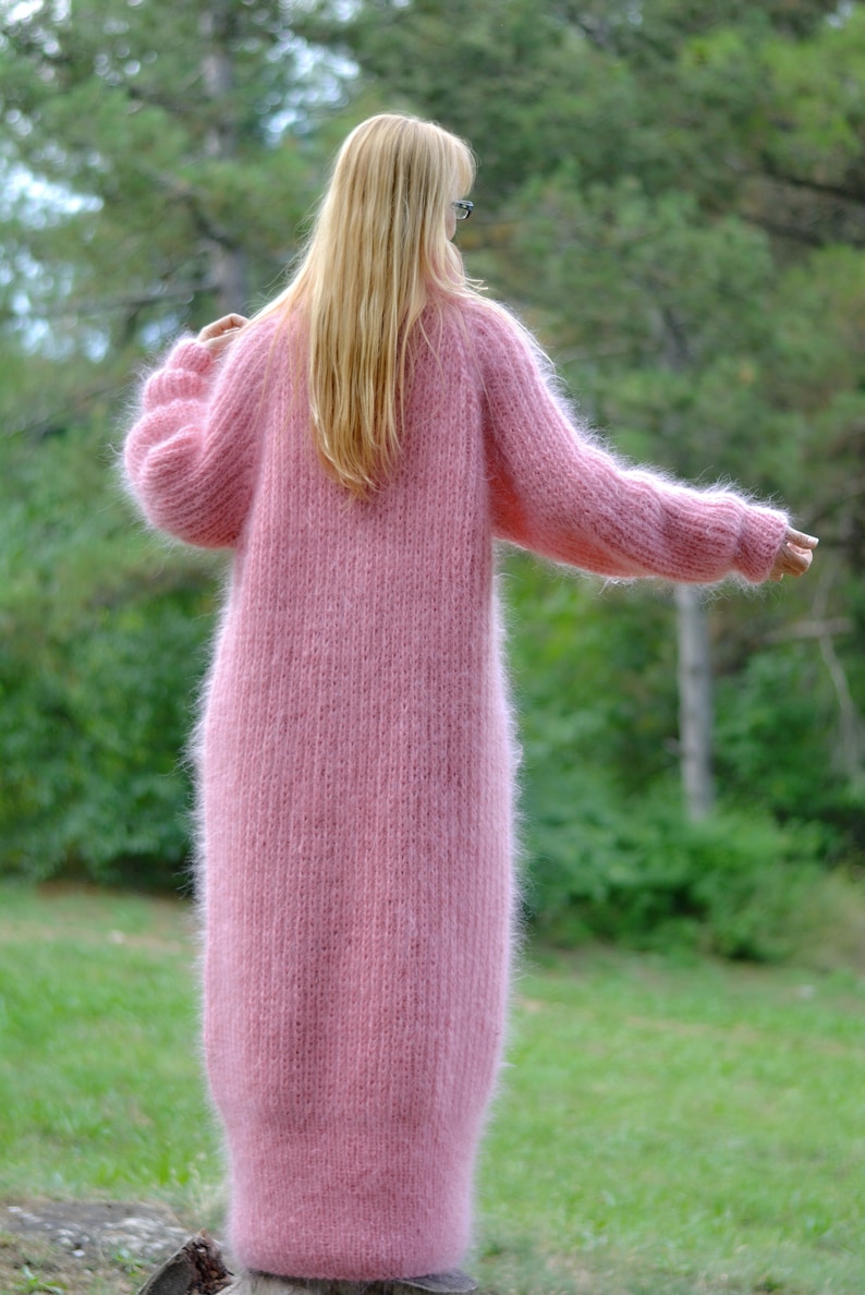 hand knit mohair dress handmade mohair robe knitted dress fuzzy mohair dress one size Tneck dress pink mohair long dress Plus size Sunday image 4