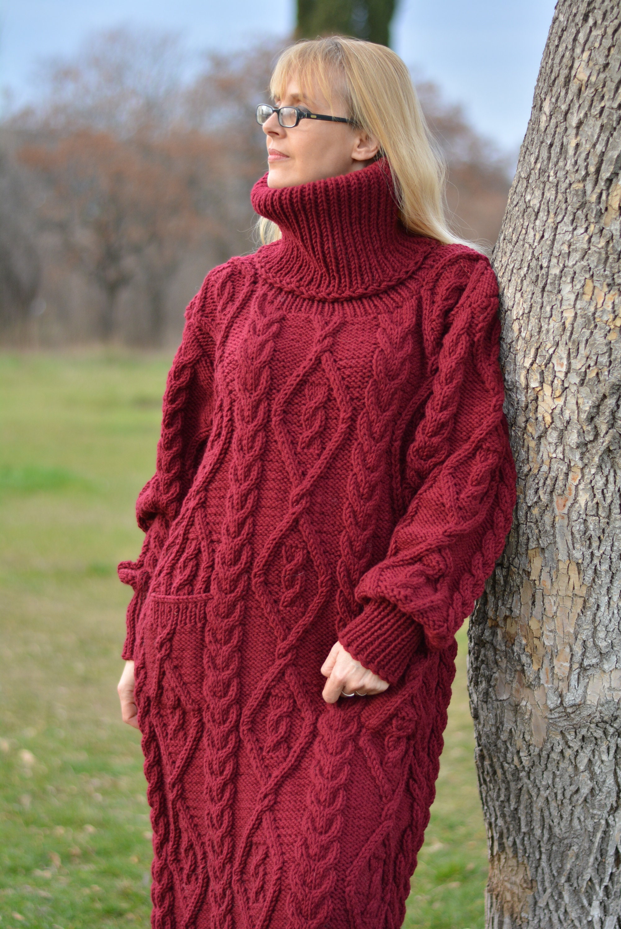 Kleding Dameskleding Sweaters Pullovers pure wol maxi trui kabel gebreide trui handgemaakte trui duurzame knitwear wollen jurk kabel gebreide jurk boho trui maxi trui 