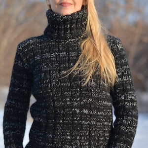 handgestrickter Angorapullover handgemachter Wollpullover Flauschpullover Weicher Pullover Tneck Pullover Taillierter Pullover Schwarz-Grau Mix Pullover Layering