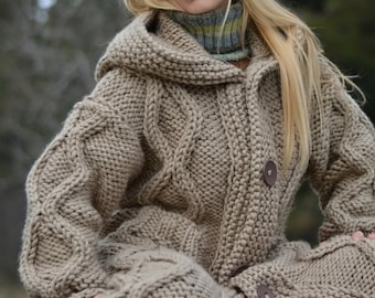 handmade wool cardigan knitted wool coat hand knitted sweater coat chunky wool cardigan thick wool hoody handknit coat long jacket XL