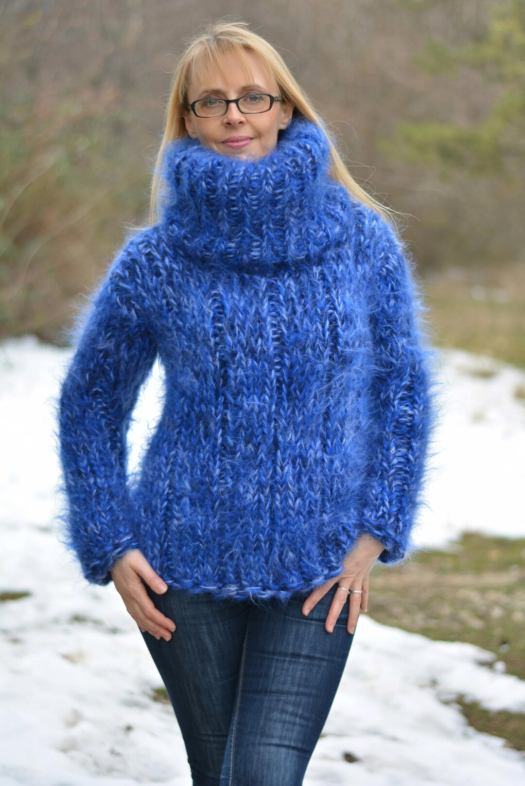 Handmade Mohair Sweater Hand Knit Chunky Sweater Fuzzy Tneck Soft