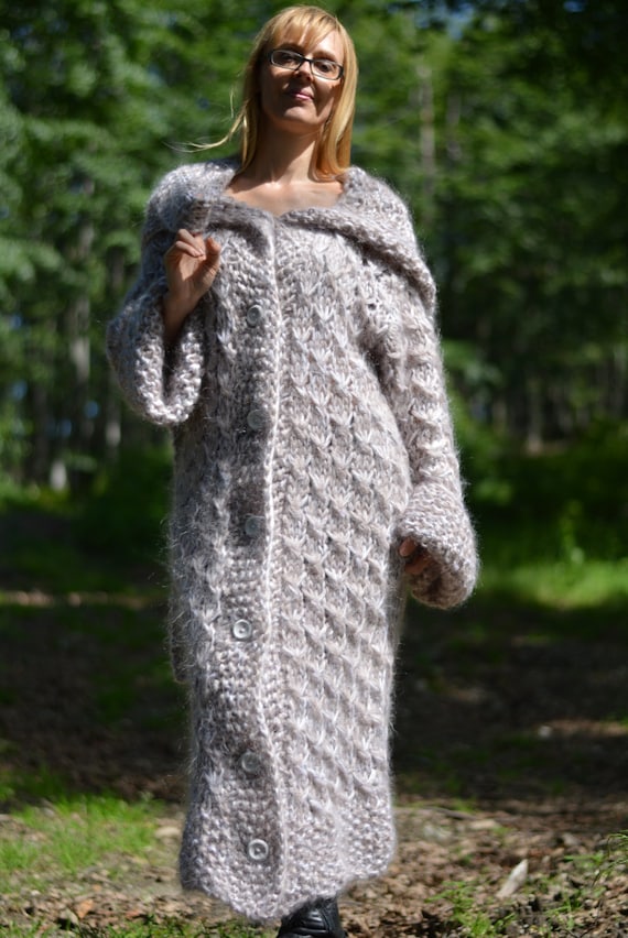 Hand Knit Mohair Cardigan GREY Fuzzy Hooded Coat Hand Made 