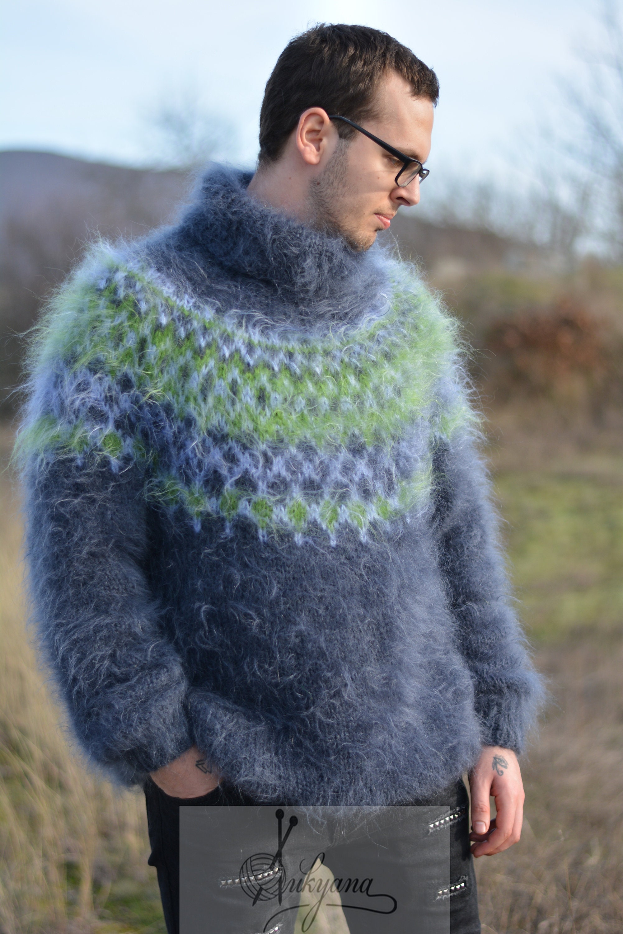 Dukyana Handmade Icelandic Sweater Mohair Jumper Hand Knitted Fuzzy Pullover Unisex Soft TNeck One Size Gray Jumper Knit Sweater Mens Clothing