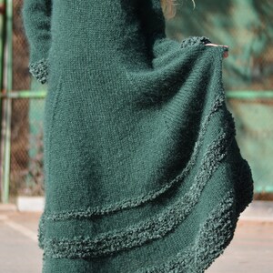 handmade mohair dress hand knitted thick mohair dress T-neck sweater Flared robe Black dress One size dress thick T-neck dress Dukyana Green