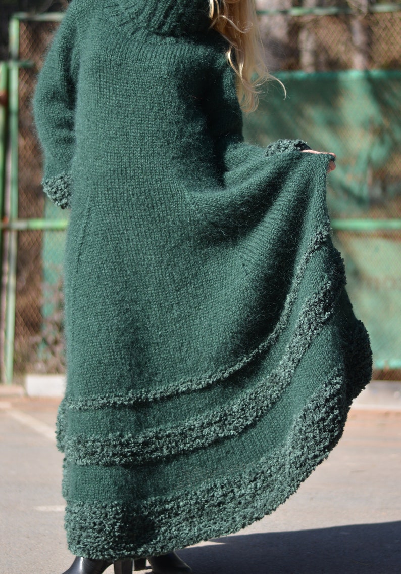 handmade mohair dress hand knitted thick mohair dress T-neck sweater Flared robe Black dress One size dress thick T-neck dress Dukyana Green