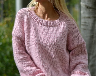 chunky pure wool soft crewneck sweater handknit in pink and available to order in custom colour