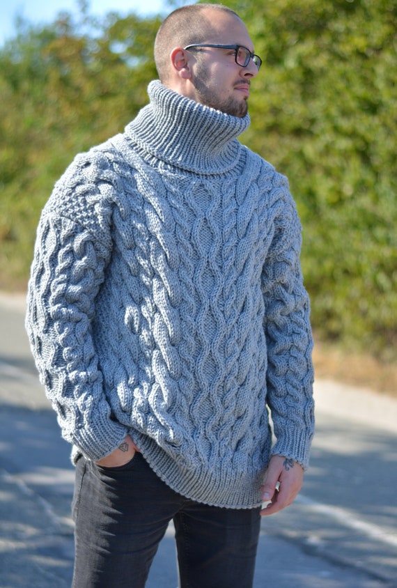 Mens Wool Sweater Hand Knitted Wool Jumper Thick Unisex Tneck