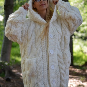 Chunky Wool Cardigan Hand Knitted Wool Jacket Hooded Cardigan - Etsy