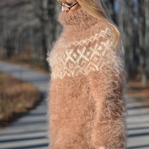 Handknit Chunky Mock Turtleneck Sweater With Cables in Pink From