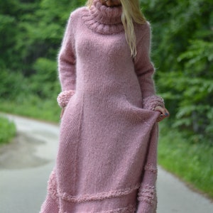 handmade mohair dress hand knitted thick mohair dress T-neck sweater Flared robe Black dress One size dress thick T-neck dress Dukyana faded pink