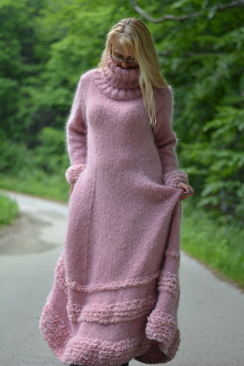 handmade mohair dress hand knitted thick mohair dress T-neck sweater Flared robe Black dress One size dress thick T-neck dress Dukyana faded pink