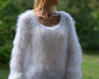handmade mohair sweater slouchy mohair crewneck sweater fuzzy mohair sweater white summer sweater hand knitted sweater one size sweater M-XL
