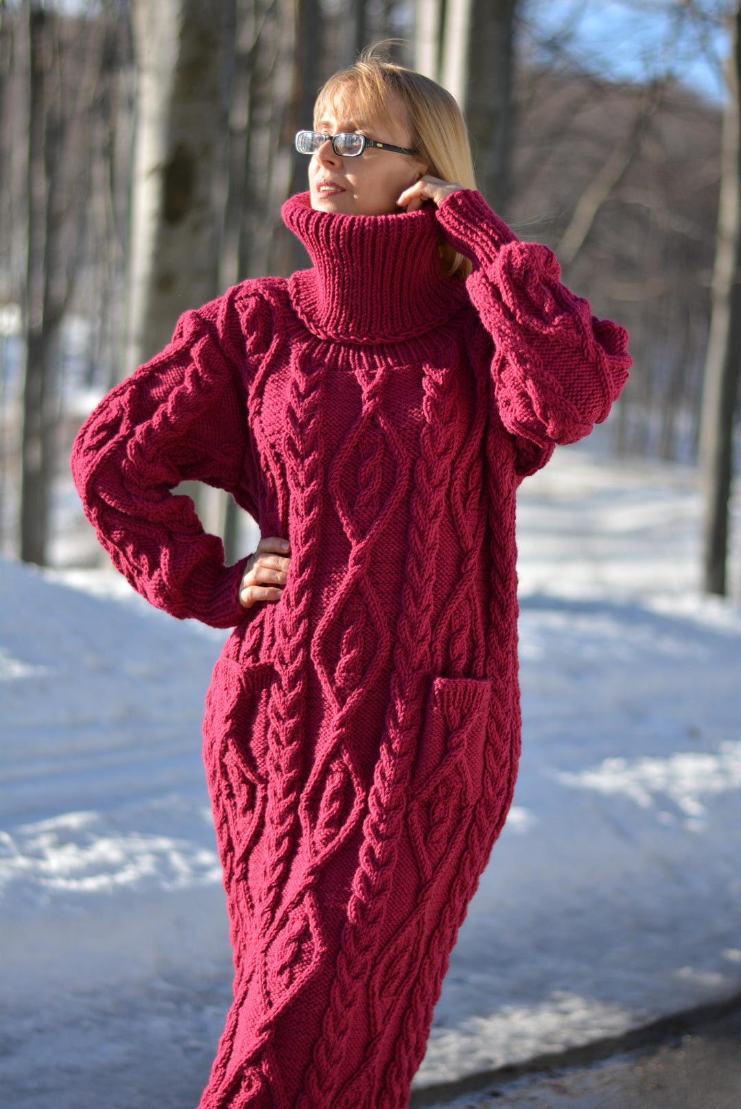 Handmade WOOL Dress Hand Knit Dress Tneck Sweater Dress