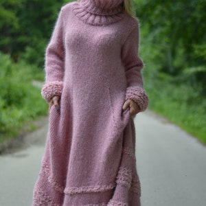 handmade mohair dress hand knitted thick mohair dress T-neck sweater Flared robe Black dress One size dress thick T-neck dress Dukyana image 3