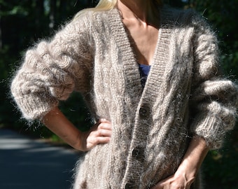 mens cardigan cabled jumper handknit mohair cardigan oversized womens clothing beige cardigan ready-to-send by Dukyana
