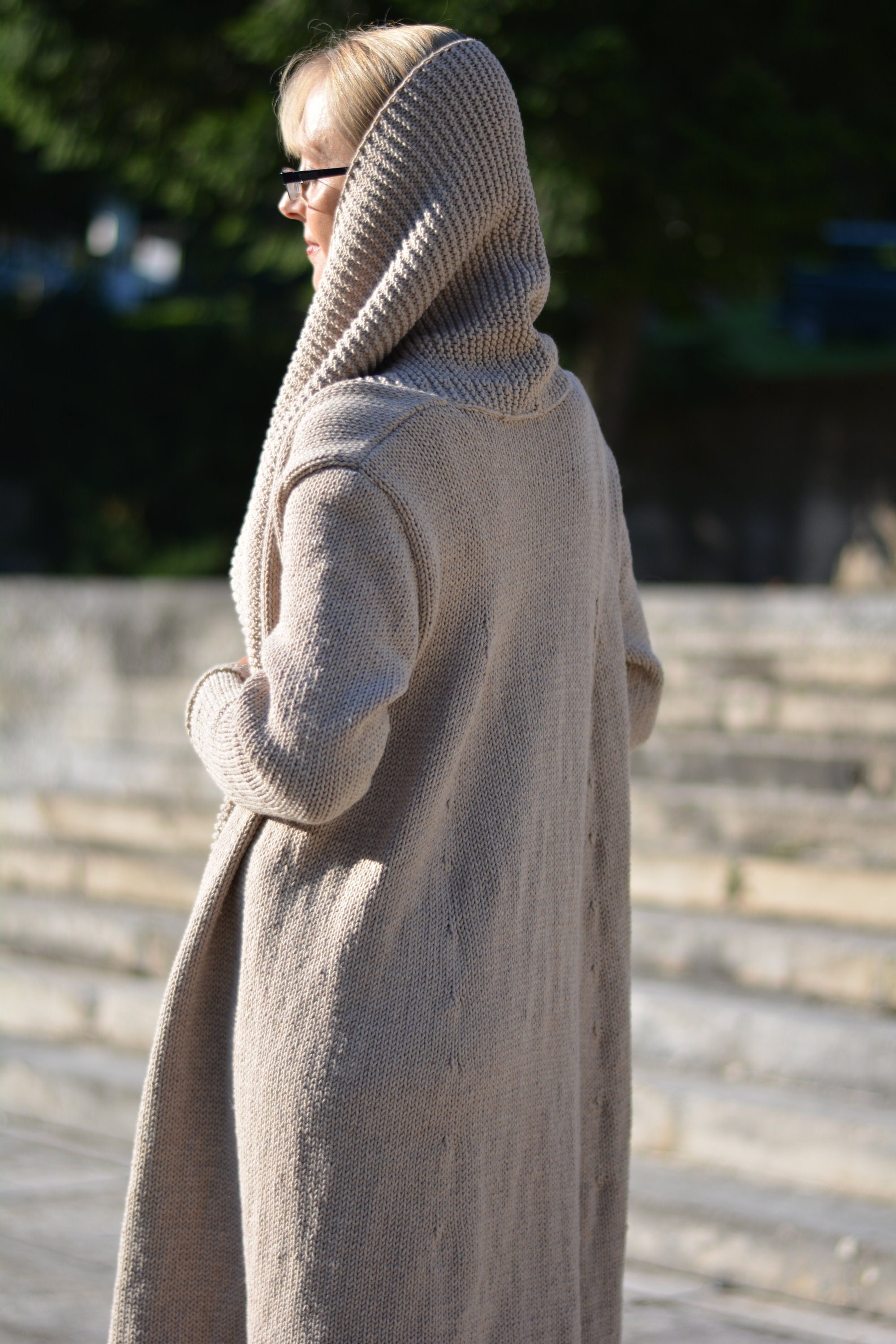 knitted cotton cardigan flared jumper handmade cotton shrug summer sweater shawl collar knee long beige cardigan by Dukyana