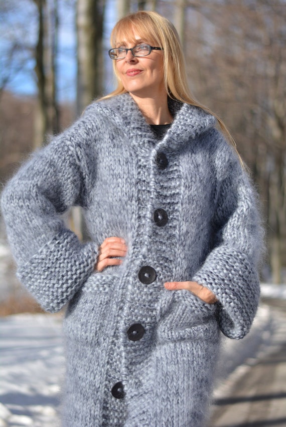 Hand Knit Mohair Cardigan GREY Fuzzy Hooded Coat Hand Made 