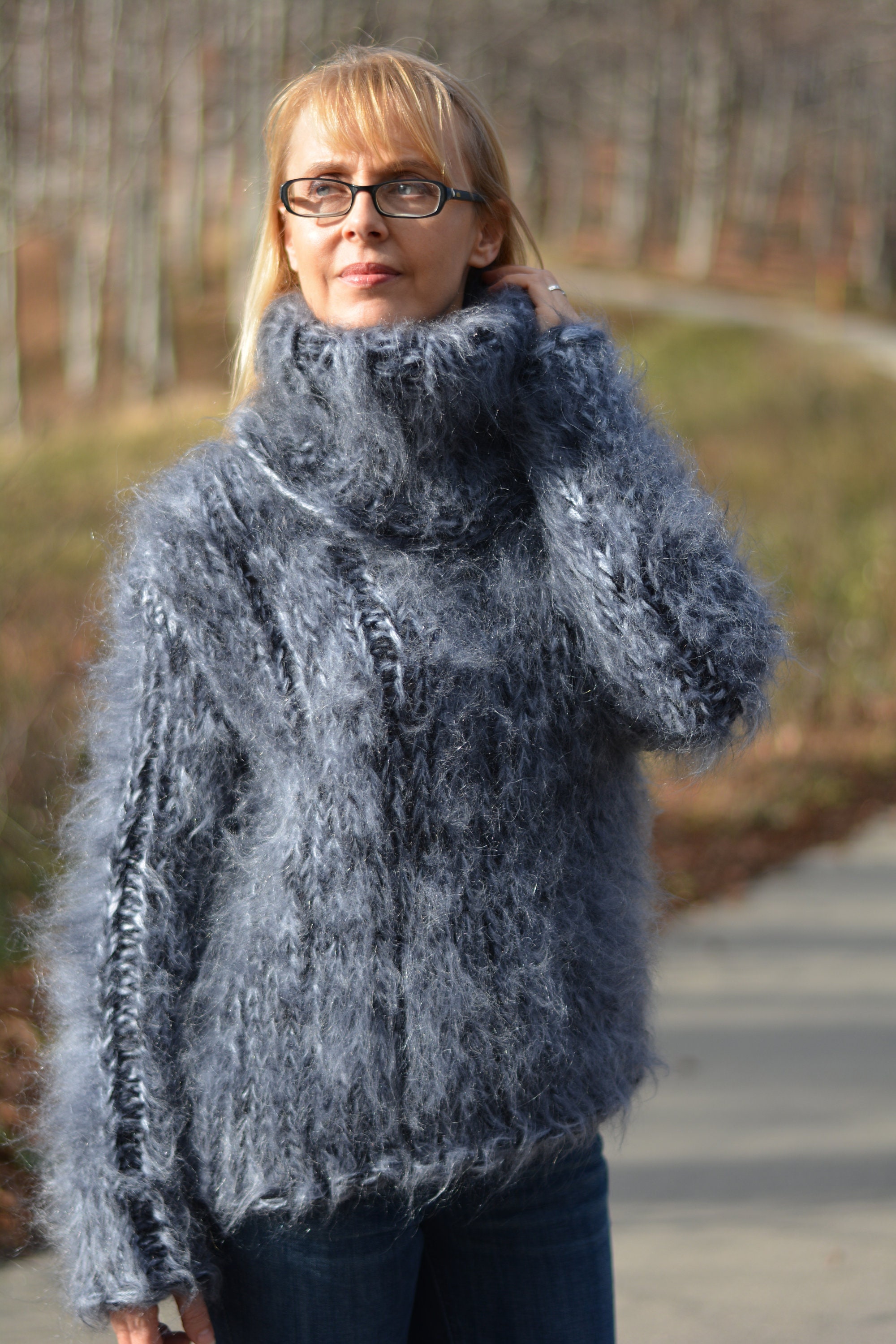 Handmade Mohair Sweater Hand Knit Chunky Sweater Fuzzy Tneck