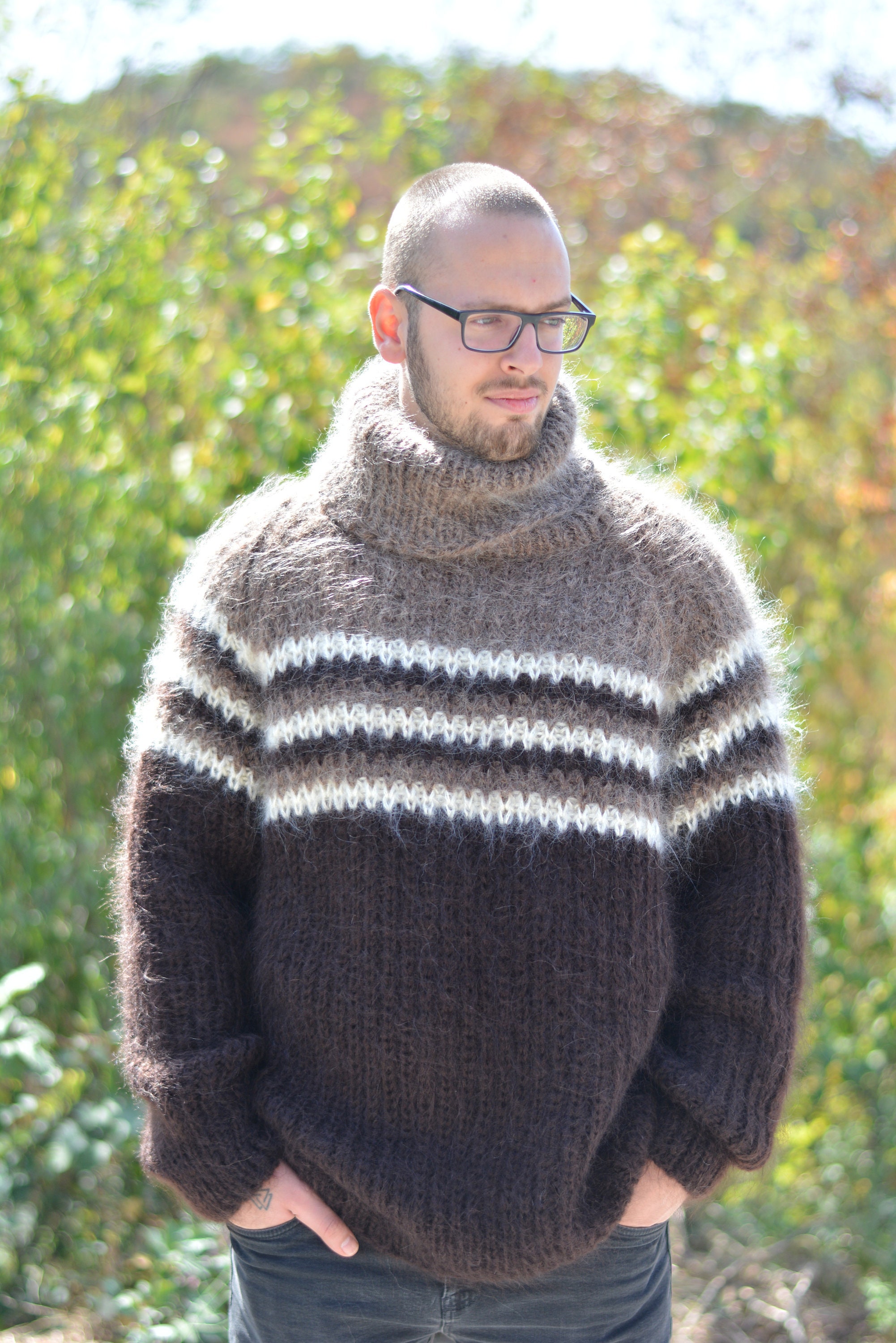 Hand Knit Mens Sweater Mohair Pullover Brown Jumper Mohair Sweater ...