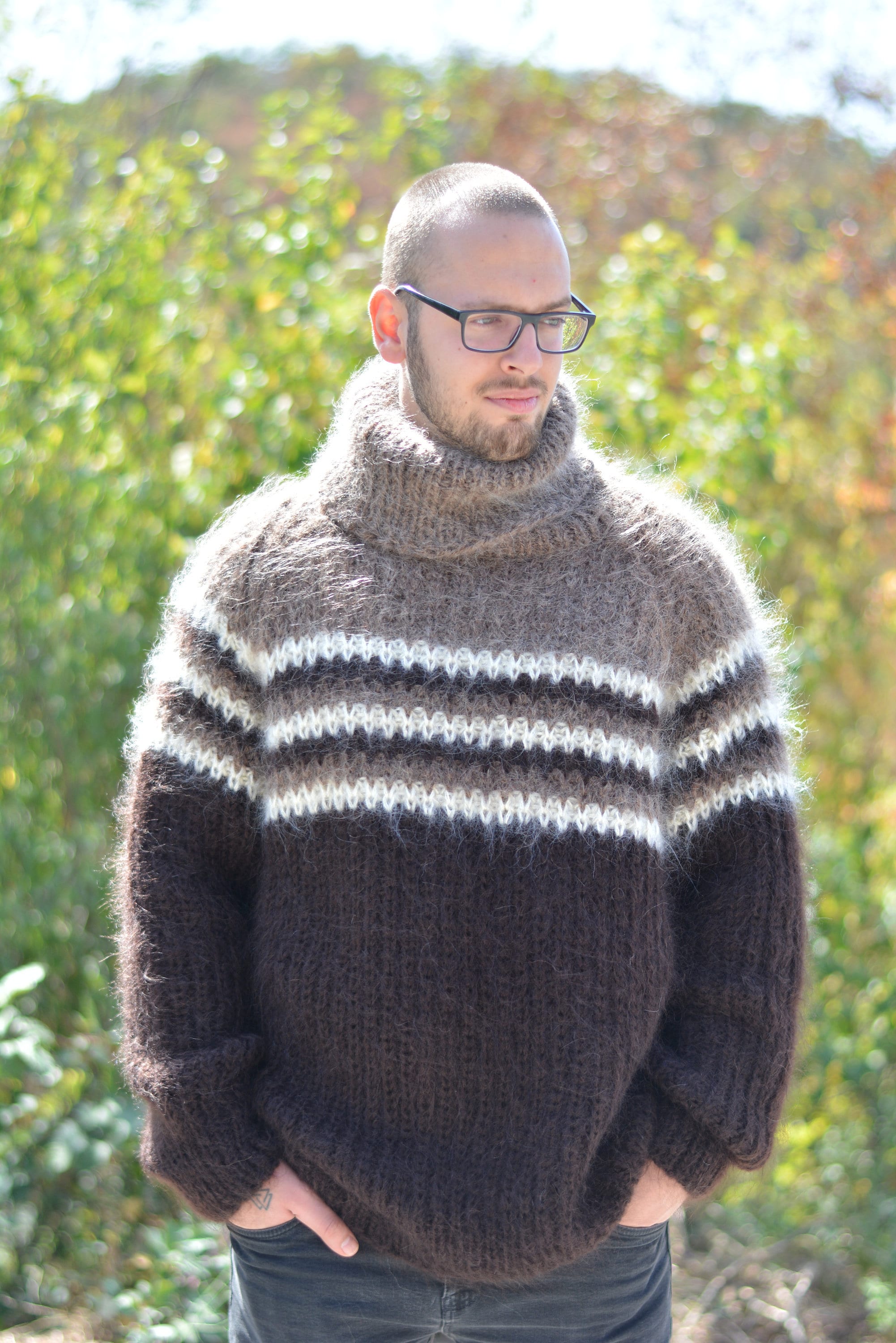 Hand Knit Mens Sweater Mohair Pullover Brown Jumper Mohair Sweater