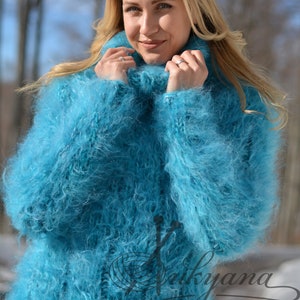 Chunky mohair sweater hand knitted mohair jumper thick mohair tneck fitted sweater in turquoise blue mix by Dukyana