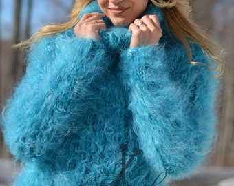 Chunky mohair sweater hand knitted mohair jumper thick mohair tneck fitted sweater in turquoise blue mix by Dukyana
