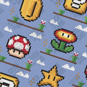 Puede incluir: Un patrón pixelado con elementos de un videojuego popular. El diseño incluye monedas de oro, champiñones rojos y blancos, una estrella amarilla y una flor roja con un tallo verde, todo sobre un fondo azul claro. El texto "STITCH THE GRID" es visible.