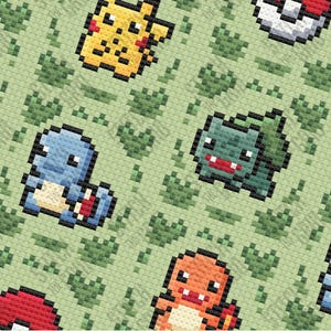 Op de afbeelding: Kruissteekpatroon met verschillende Pokémon-personages, waaronder Bulbasaur, Charmander, Squirtle en Pikachu, op een groene achtergrond met bladontwerpen. Het patroon is gelabeld "Stitch the Grid".
